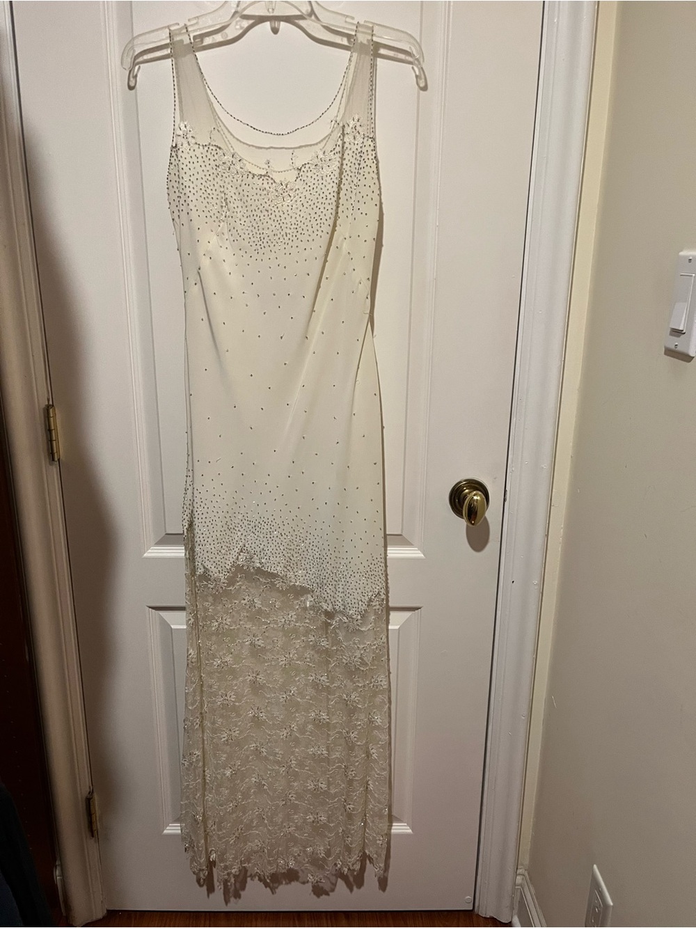 Jovani Cream Beaded Lace Maxi Dress